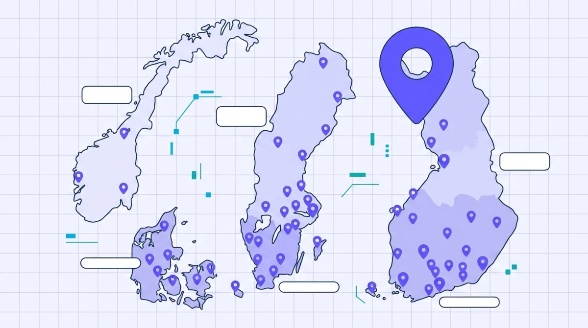 A flat illustration of four northern European country shapes tiled with a lavender grid and dotted with pins.