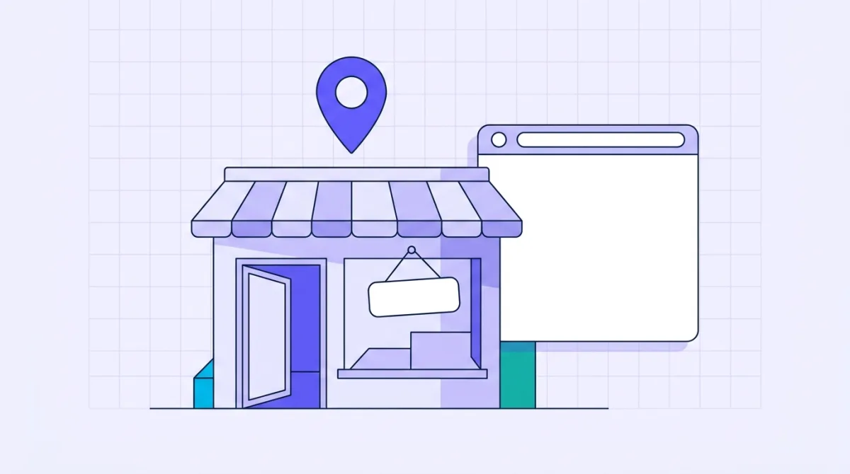 A flat illustration of a shopfront with a map pin above it and an empty browser panel beside it.