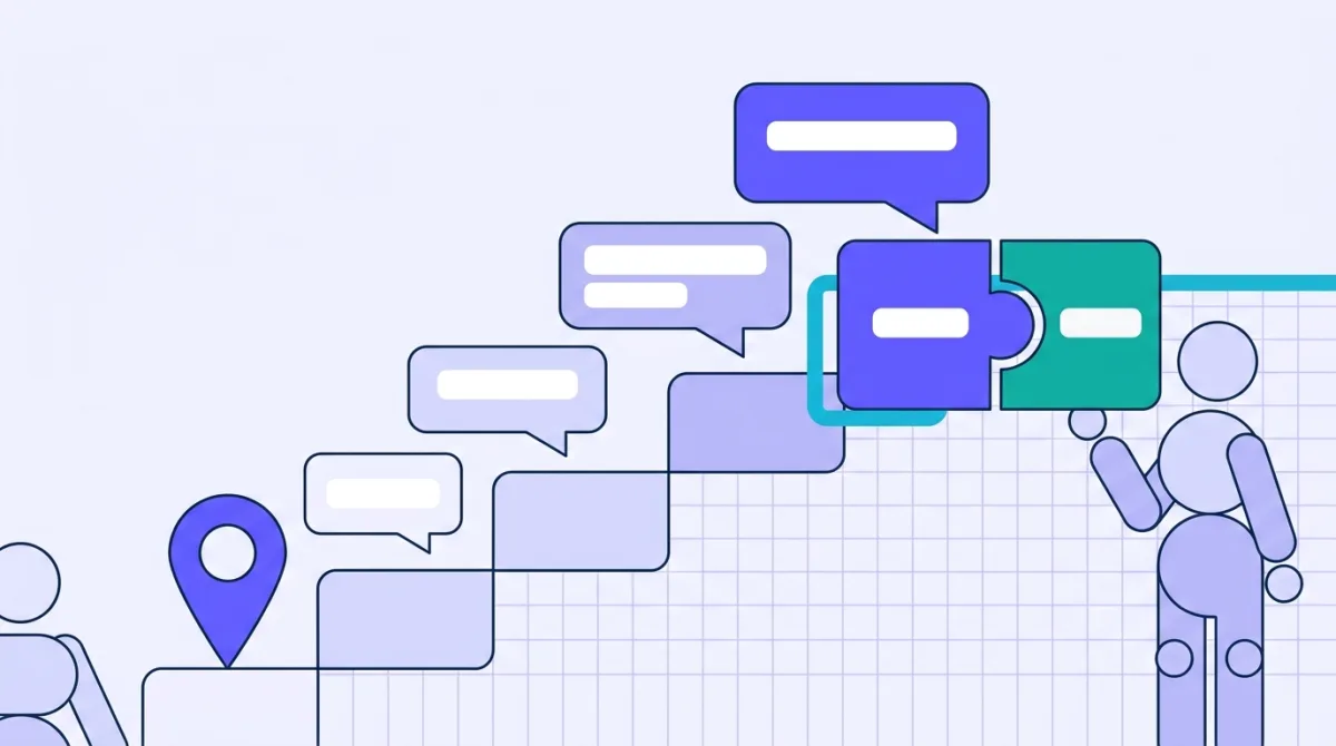 A flat illustration of four message shapes stepping up a staircase towards a handshake of two abstract blocks.
