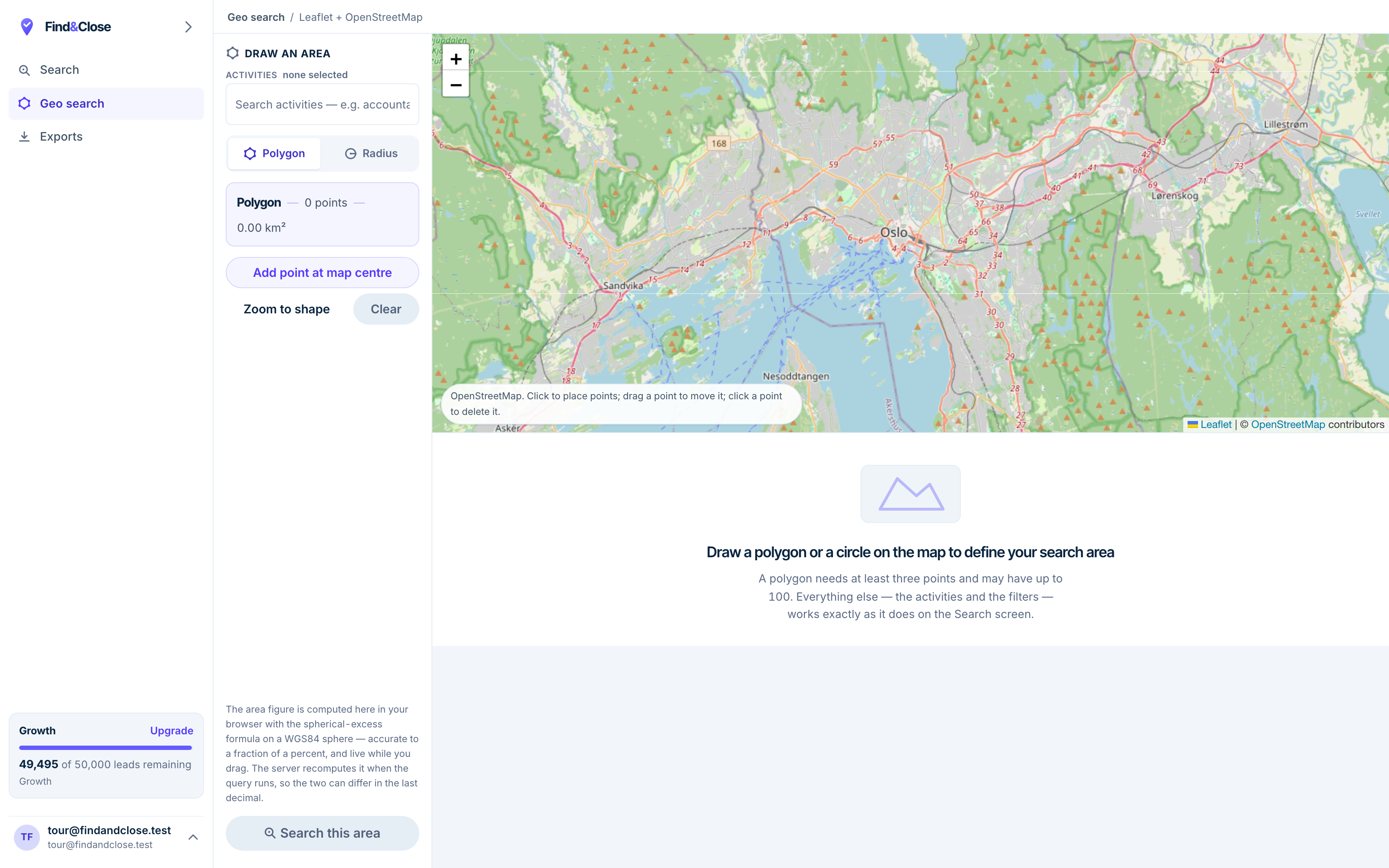 The FindAndClose geo polygon screen, showing real records from the live index.