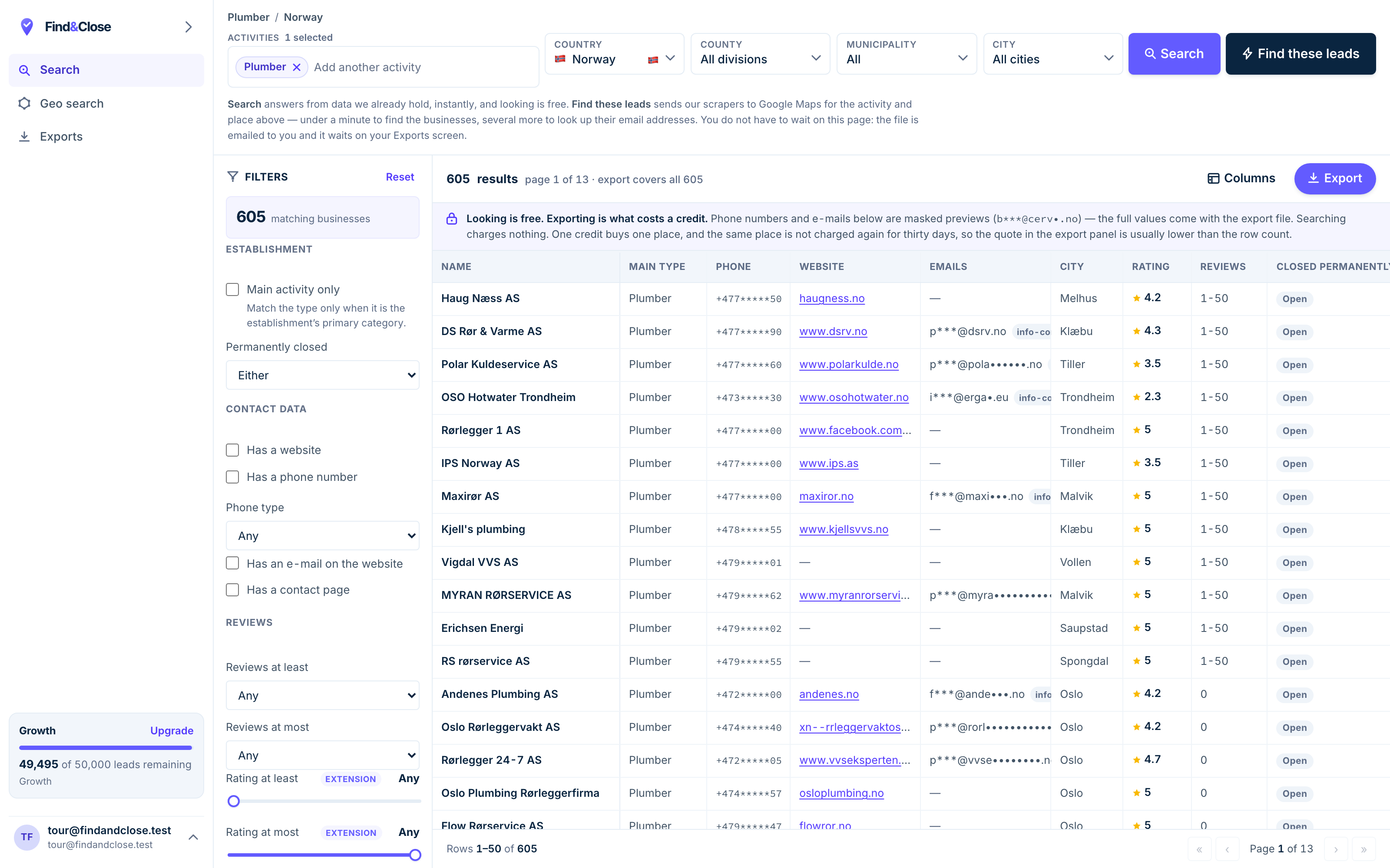 The FindAndClose search results screen, showing real records from the live index.