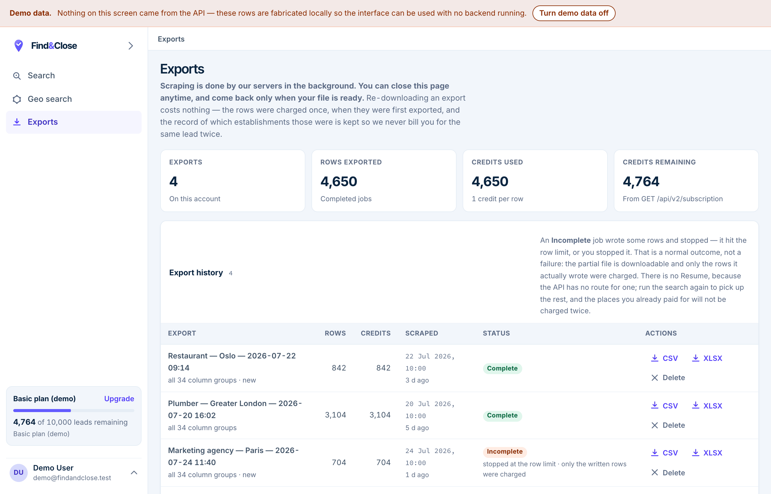 The Exports screen. Four jobs are listed with their row counts, credits and status: two marked Complete with a Download link, one marked Incomplete with Download and Resume, and one marked Failed with the note 