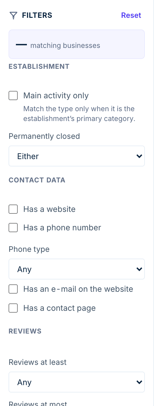The filters panel: a count of matching businesses at the top, then an Establishment group with Main activity only and Permanently closed, then a Contact data group with Has a website, Has a phone number, Phone type, Has an e-mail on the website and Has a contact page, then a Reviews group.