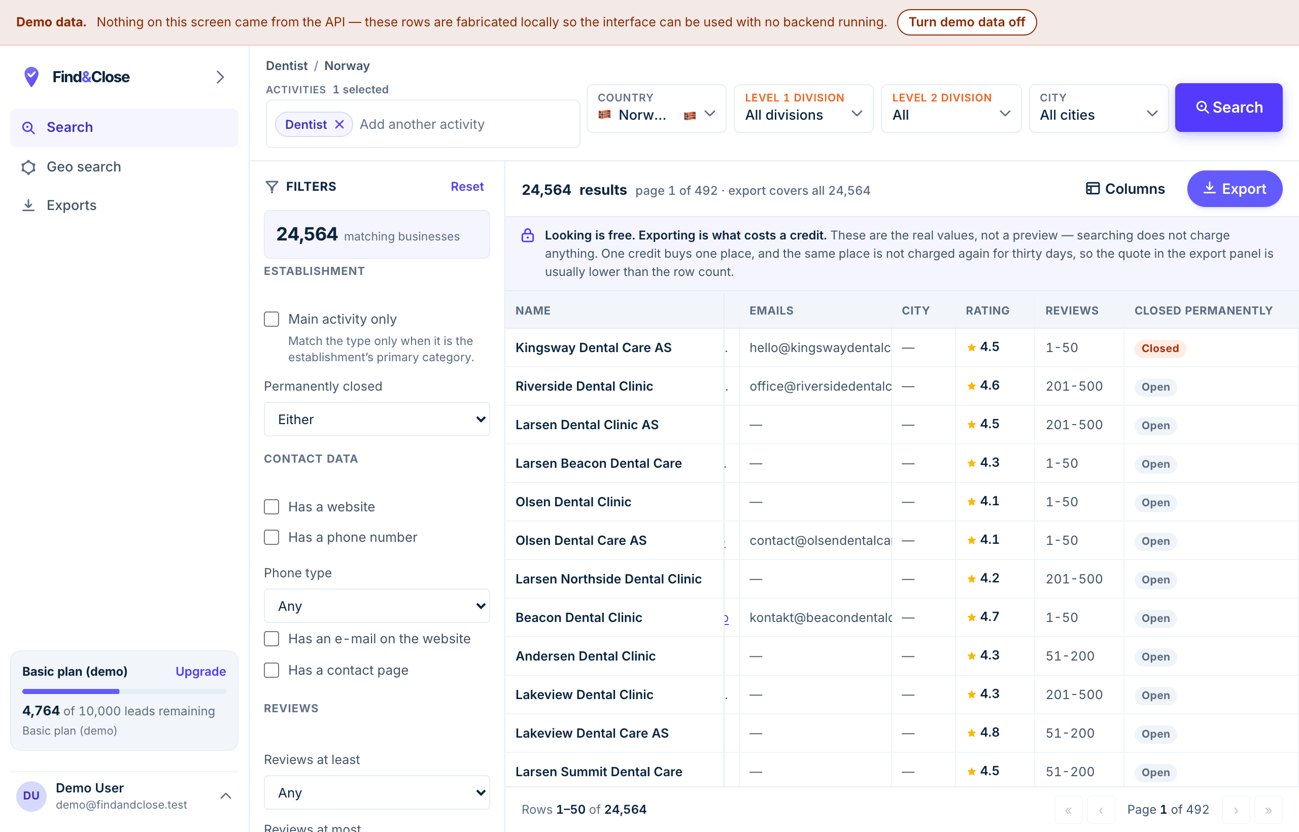 The results table scrolled right to the Email 1 and Email 2 columns. Each address is shown partly hidden, for example f***@ster with the rest replaced by dots, and each masked value carries a small padlock icon.