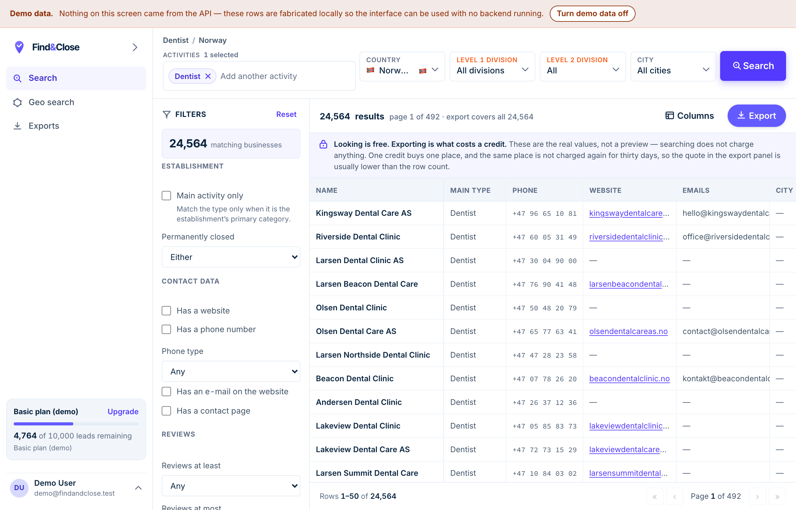 The results screen: a filters panel on the left showing 24,564 matching businesses, and a table of dental practices on the right with columns for name, main type, phone, website, emails and city.